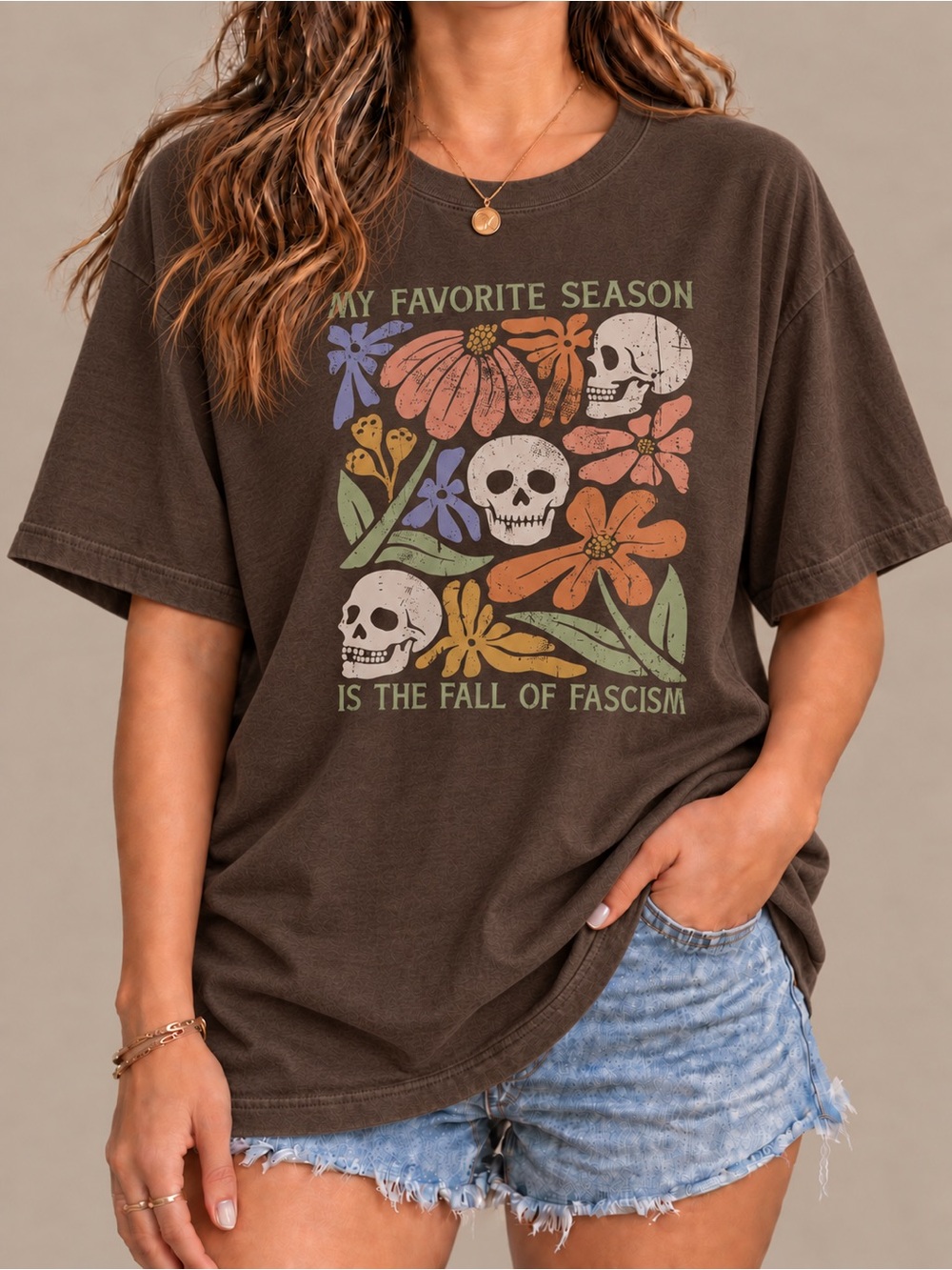 Fall Of Fascism Floral Skulls Edgy Aesthetic Womens Reprint Tee Shirt